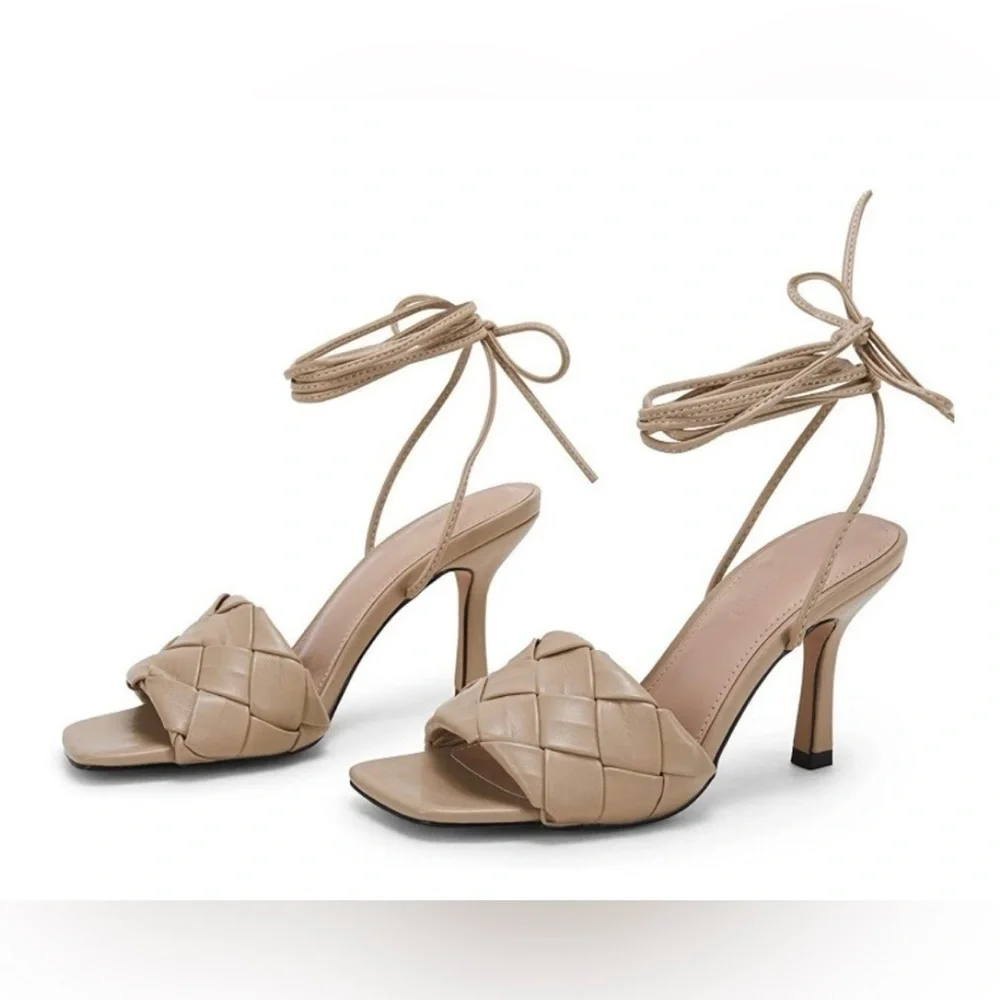 Y2K Strappy Leather Heel Tan Brown Women Wrap Ankle Bow Sandals Square Open 8‎